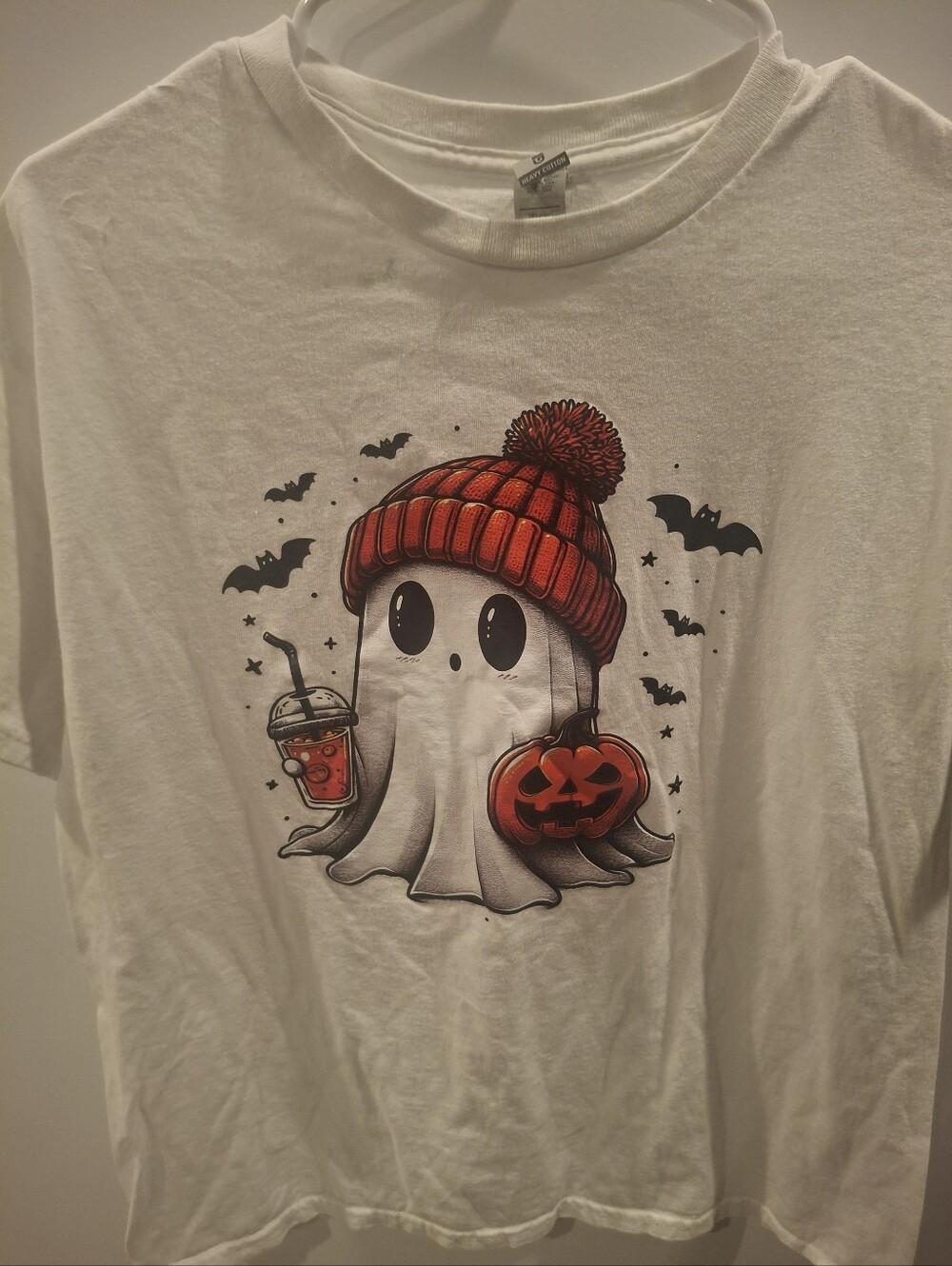 Women's Ghost Pumpkin Graphic Tee - White with Red Accent